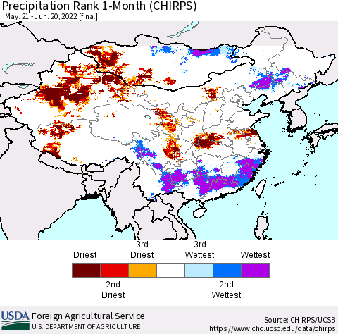 China, Mongolia and Taiwan Precipitation Rank since 1981, 1-Month (CHIRPS) Thematic Map For 5/21/2022 - 6/20/2022