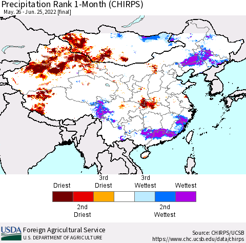 China, Mongolia and Taiwan Precipitation Rank since 1981, 1-Month (CHIRPS) Thematic Map For 5/26/2022 - 6/25/2022