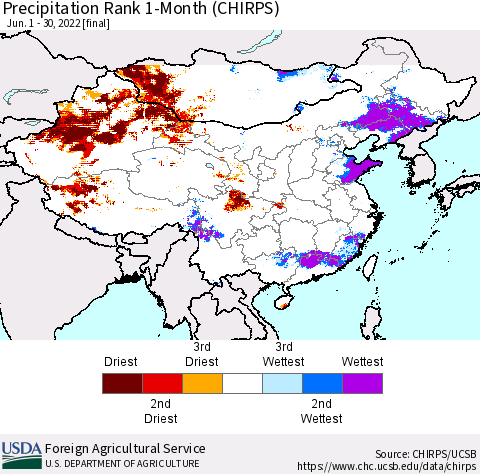 China, Mongolia and Taiwan Precipitation Rank since 1981, 1-Month (CHIRPS) Thematic Map For 6/1/2022 - 6/30/2022