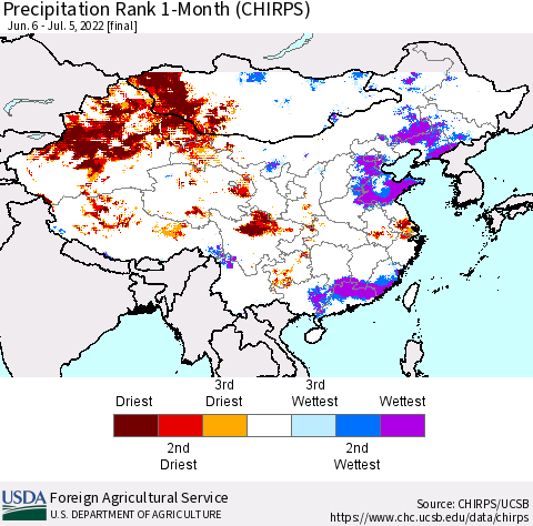China, Mongolia and Taiwan Precipitation Rank since 1981, 1-Month (CHIRPS) Thematic Map For 6/6/2022 - 7/5/2022