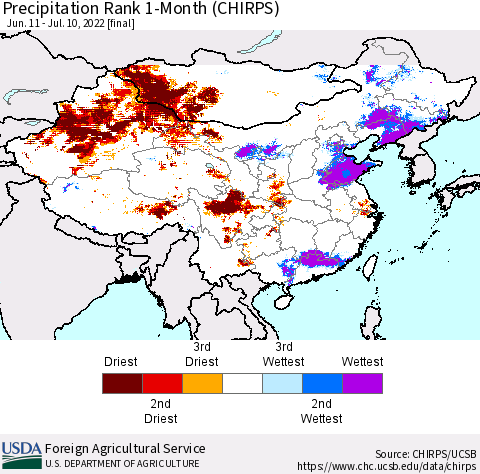China, Mongolia and Taiwan Precipitation Rank since 1981, 1-Month (CHIRPS) Thematic Map For 6/11/2022 - 7/10/2022