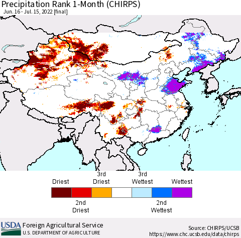 China, Mongolia and Taiwan Precipitation Rank since 1981, 1-Month (CHIRPS) Thematic Map For 6/16/2022 - 7/15/2022