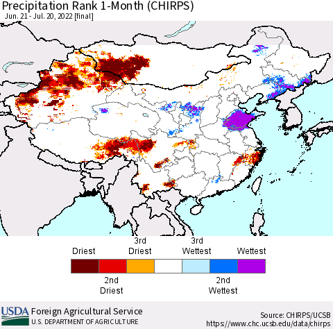 China, Mongolia and Taiwan Precipitation Rank since 1981, 1-Month (CHIRPS) Thematic Map For 6/21/2022 - 7/20/2022