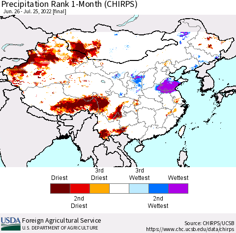 China, Mongolia and Taiwan Precipitation Rank since 1981, 1-Month (CHIRPS) Thematic Map For 6/26/2022 - 7/25/2022