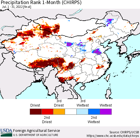 China, Mongolia and Taiwan Precipitation Rank since 1981, 1-Month (CHIRPS) Thematic Map For 7/1/2022 - 7/31/2022