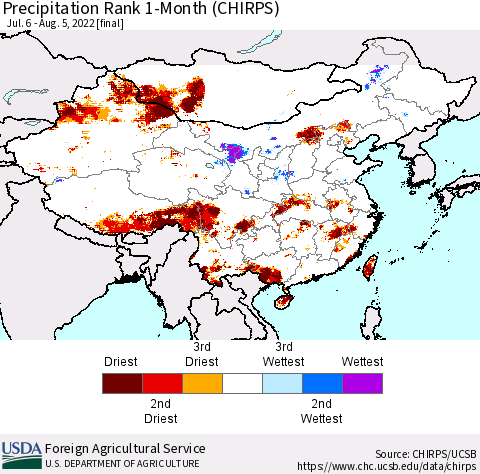 China, Mongolia and Taiwan Precipitation Rank since 1981, 1-Month (CHIRPS) Thematic Map For 7/6/2022 - 8/5/2022