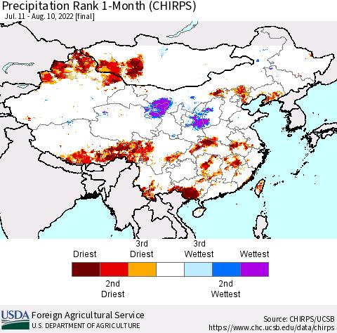 China, Mongolia and Taiwan Precipitation Rank since 1981, 1-Month (CHIRPS) Thematic Map For 7/11/2022 - 8/10/2022