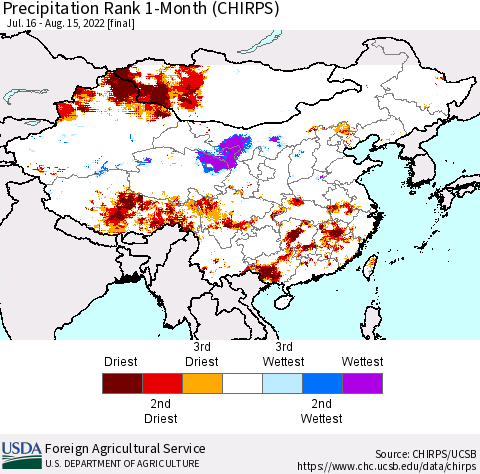China, Mongolia and Taiwan Precipitation Rank since 1981, 1-Month (CHIRPS) Thematic Map For 7/16/2022 - 8/15/2022