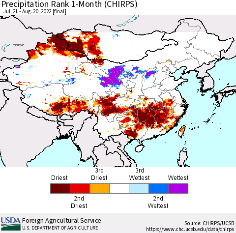 China, Mongolia and Taiwan Precipitation Rank since 1981, 1-Month (CHIRPS) Thematic Map For 7/21/2022 - 8/20/2022