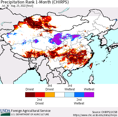 China, Mongolia and Taiwan Precipitation Rank since 1981, 1-Month (CHIRPS) Thematic Map For 7/26/2022 - 8/25/2022
