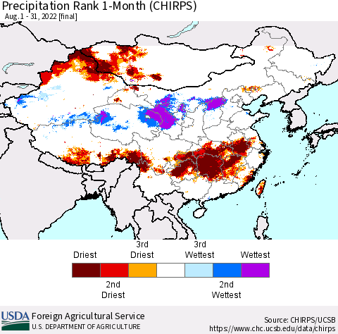 China, Mongolia and Taiwan Precipitation Rank since 1981, 1-Month (CHIRPS) Thematic Map For 8/1/2022 - 8/31/2022