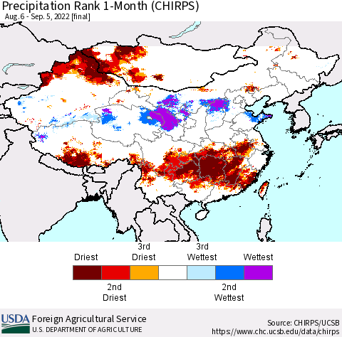 China, Mongolia and Taiwan Precipitation Rank since 1981, 1-Month (CHIRPS) Thematic Map For 8/6/2022 - 9/5/2022