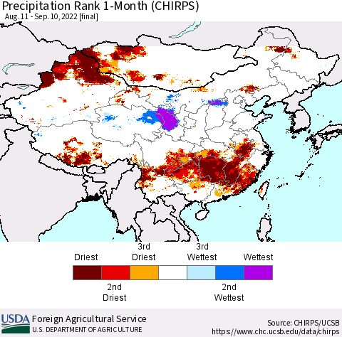 China, Mongolia and Taiwan Precipitation Rank since 1981, 1-Month (CHIRPS) Thematic Map For 8/11/2022 - 9/10/2022