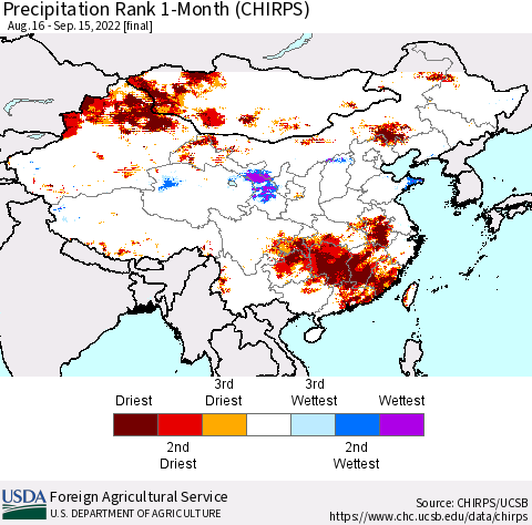 China, Mongolia and Taiwan Precipitation Rank since 1981, 1-Month (CHIRPS) Thematic Map For 8/16/2022 - 9/15/2022