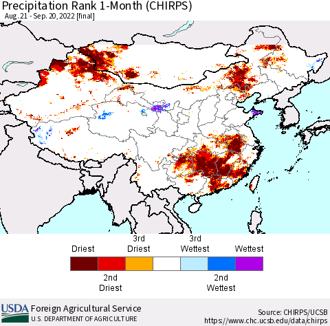 China, Mongolia and Taiwan Precipitation Rank since 1981, 1-Month (CHIRPS) Thematic Map For 8/21/2022 - 9/20/2022