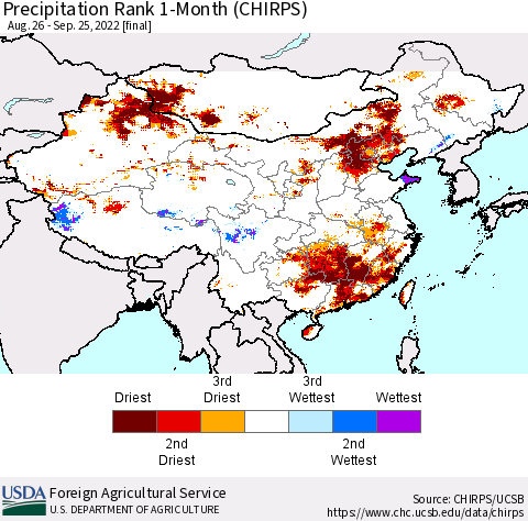 China, Mongolia and Taiwan Precipitation Rank since 1981, 1-Month (CHIRPS) Thematic Map For 8/26/2022 - 9/25/2022