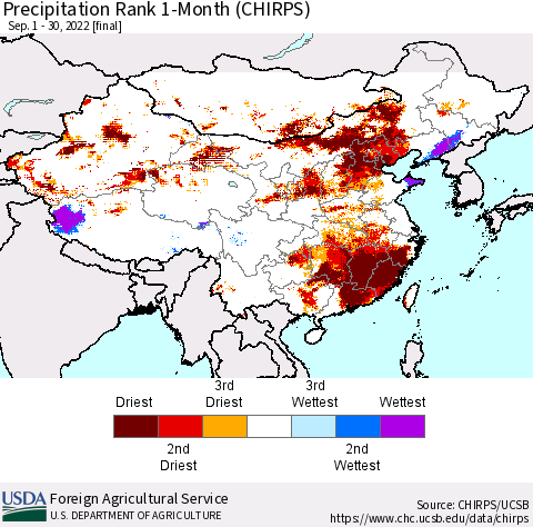 China, Mongolia and Taiwan Precipitation Rank since 1981, 1-Month (CHIRPS) Thematic Map For 9/1/2022 - 9/30/2022