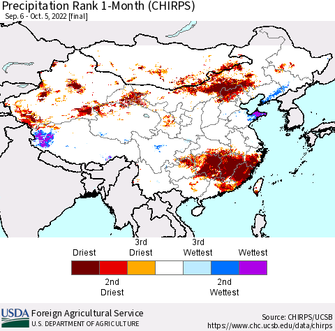 China, Mongolia and Taiwan Precipitation Rank since 1981, 1-Month (CHIRPS) Thematic Map For 9/6/2022 - 10/5/2022