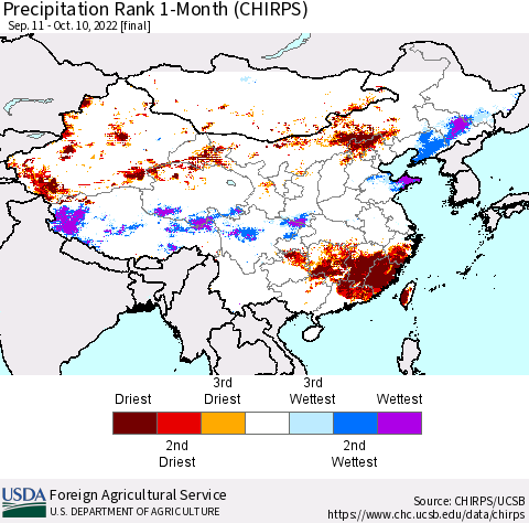 China, Mongolia and Taiwan Precipitation Rank since 1981, 1-Month (CHIRPS) Thematic Map For 9/11/2022 - 10/10/2022