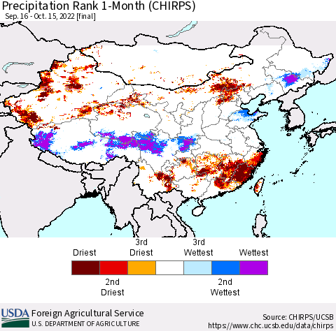 China, Mongolia and Taiwan Precipitation Rank since 1981, 1-Month (CHIRPS) Thematic Map For 9/16/2022 - 10/15/2022