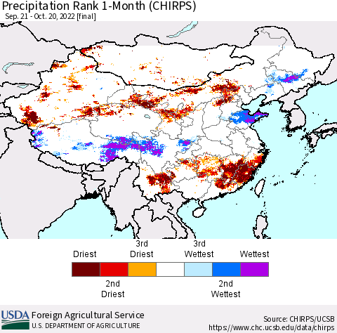 China, Mongolia and Taiwan Precipitation Rank since 1981, 1-Month (CHIRPS) Thematic Map For 9/21/2022 - 10/20/2022