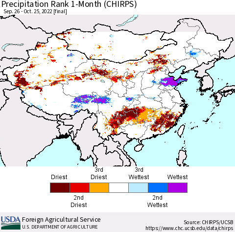 China, Mongolia and Taiwan Precipitation Rank since 1981, 1-Month (CHIRPS) Thematic Map For 9/26/2022 - 10/25/2022