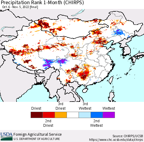 China, Mongolia and Taiwan Precipitation Rank since 1981, 1-Month (CHIRPS) Thematic Map For 10/6/2022 - 11/5/2022