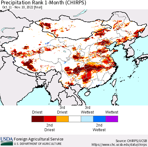 China, Mongolia and Taiwan Precipitation Rank since 1981, 1-Month (CHIRPS) Thematic Map For 10/11/2022 - 11/10/2022