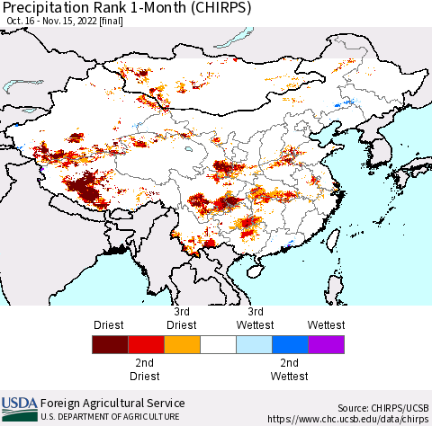 China, Mongolia and Taiwan Precipitation Rank since 1981, 1-Month (CHIRPS) Thematic Map For 10/16/2022 - 11/15/2022