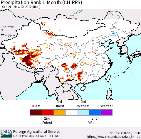 China, Mongolia and Taiwan Precipitation Rank since 1981, 1-Month (CHIRPS) Thematic Map For 10/21/2022 - 11/20/2022