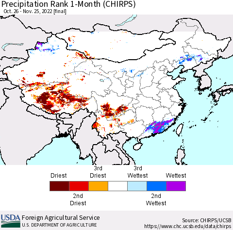China, Mongolia and Taiwan Precipitation Rank since 1981, 1-Month (CHIRPS) Thematic Map For 10/26/2022 - 11/25/2022