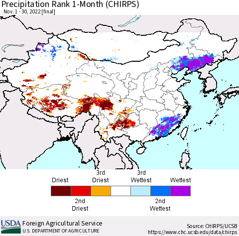 China, Mongolia and Taiwan Precipitation Rank since 1981, 1-Month (CHIRPS) Thematic Map For 11/1/2022 - 11/30/2022