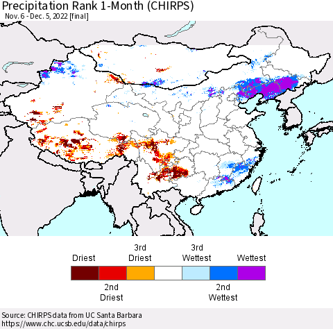 China, Mongolia and Taiwan Precipitation Rank since 1981, 1-Month (CHIRPS) Thematic Map For 11/6/2022 - 12/5/2022