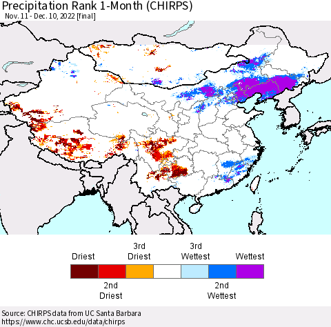 China, Mongolia and Taiwan Precipitation Rank since 1981, 1-Month (CHIRPS) Thematic Map For 11/11/2022 - 12/10/2022