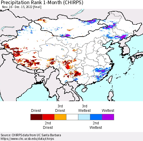 China, Mongolia and Taiwan Precipitation Rank since 1981, 1-Month (CHIRPS) Thematic Map For 11/16/2022 - 12/15/2022