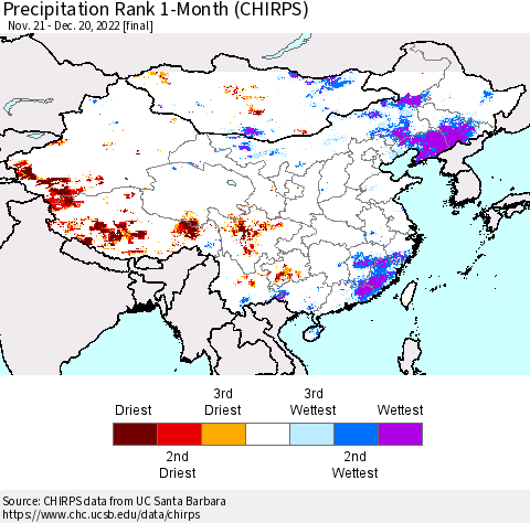 China, Mongolia and Taiwan Precipitation Rank since 1981, 1-Month (CHIRPS) Thematic Map For 11/21/2022 - 12/20/2022