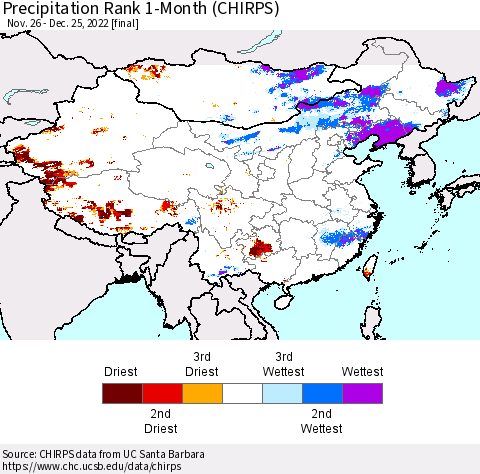 China, Mongolia and Taiwan Precipitation Rank since 1981, 1-Month (CHIRPS) Thematic Map For 11/26/2022 - 12/25/2022