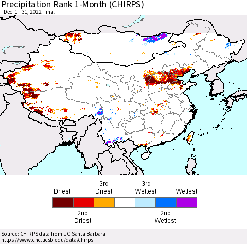 China, Mongolia and Taiwan Precipitation Rank since 1981, 1-Month (CHIRPS) Thematic Map For 12/1/2022 - 12/31/2022