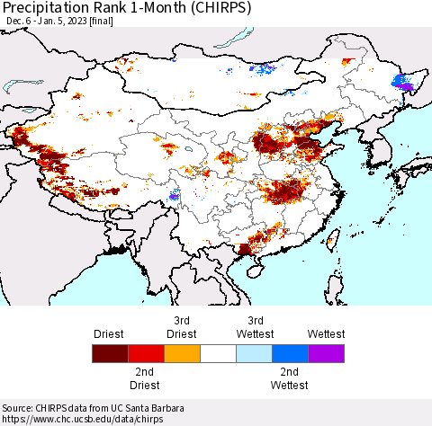 China, Mongolia and Taiwan Precipitation Rank since 1981, 1-Month (CHIRPS) Thematic Map For 12/6/2022 - 1/5/2023
