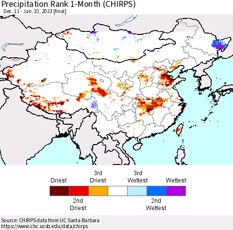 China, Mongolia and Taiwan Precipitation Rank since 1981, 1-Month (CHIRPS) Thematic Map For 12/11/2022 - 1/10/2023