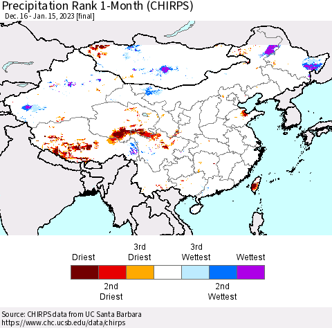 China, Mongolia and Taiwan Precipitation Rank since 1981, 1-Month (CHIRPS) Thematic Map For 12/16/2022 - 1/15/2023