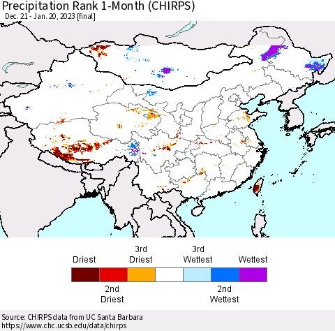 China, Mongolia and Taiwan Precipitation Rank since 1981, 1-Month (CHIRPS) Thematic Map For 12/21/2022 - 1/20/2023