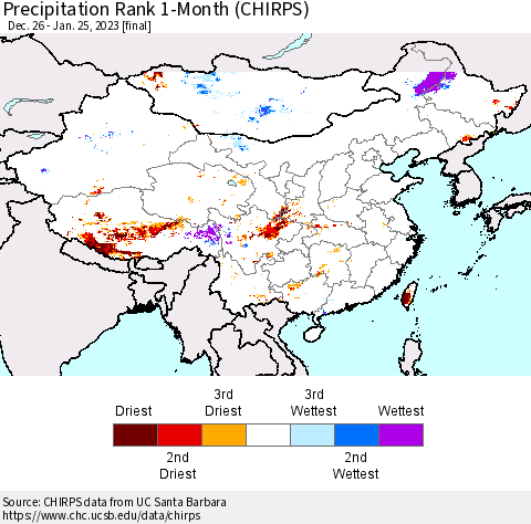 China, Mongolia and Taiwan Precipitation Rank since 1981, 1-Month (CHIRPS) Thematic Map For 12/26/2022 - 1/25/2023