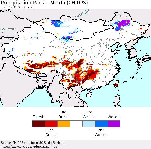 China, Mongolia and Taiwan Precipitation Rank since 1981, 1-Month (CHIRPS) Thematic Map For 1/1/2023 - 1/31/2023