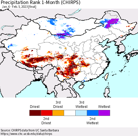 China, Mongolia and Taiwan Precipitation Rank since 1981, 1-Month (CHIRPS) Thematic Map For 1/6/2023 - 2/5/2023
