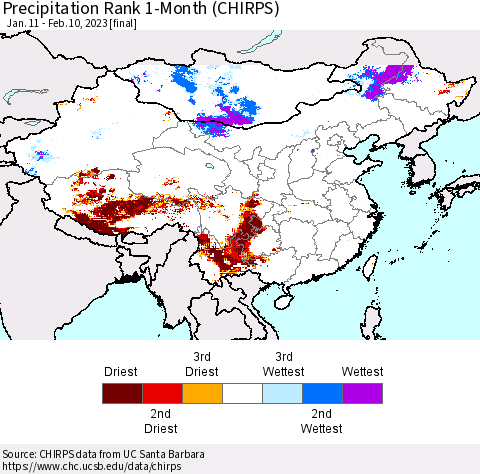 China, Mongolia and Taiwan Precipitation Rank since 1981, 1-Month (CHIRPS) Thematic Map For 1/11/2023 - 2/10/2023