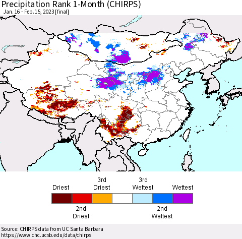 China, Mongolia and Taiwan Precipitation Rank since 1981, 1-Month (CHIRPS) Thematic Map For 1/16/2023 - 2/15/2023
