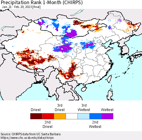 China, Mongolia and Taiwan Precipitation Rank since 1981, 1-Month (CHIRPS) Thematic Map For 1/21/2023 - 2/20/2023