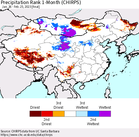 China, Mongolia and Taiwan Precipitation Rank since 1981, 1-Month (CHIRPS) Thematic Map For 1/26/2023 - 2/25/2023