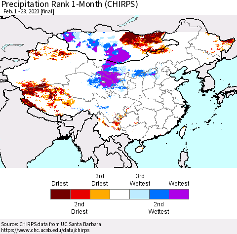 China, Mongolia and Taiwan Precipitation Rank since 1981, 1-Month (CHIRPS) Thematic Map For 2/1/2023 - 2/28/2023